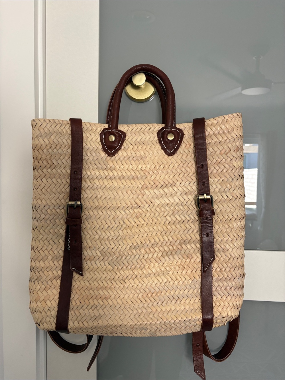 Made in Morocco Woven Straw Backpack with Brown Leather Trim